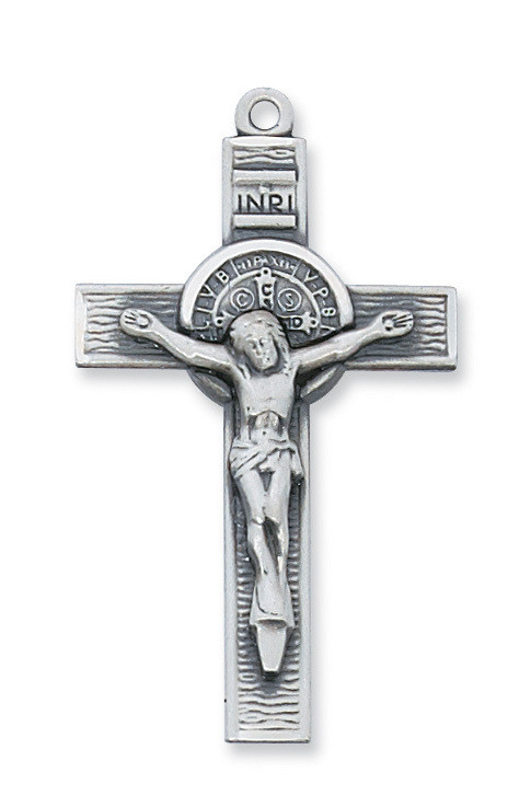 1 - 3/4" x 1" Sterling Silver Saint Benedict Crucifix.  Saint Benedict Crucifix comes on a 24" Rhodium Plated  Chain. St Benedict sterling silver crucifix comes in a gift box.