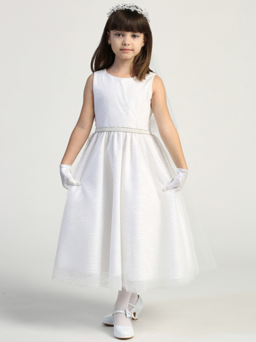 girls sleeveless glitter tulle First Communion dress with beaded trim waistline
