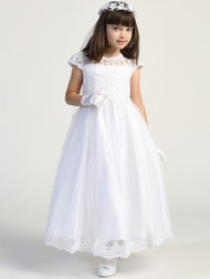 girls tea length embroidered lace communion dress with capped sleeves and a tulle applique skirt hem
