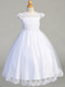 Product Description: 

This First Communion dress features detailed embroidery along the bodice with flower appliques along the neckline flowing into a tulle skirt with a lace hem. Shop this style online at St. Jude’s Shop! 

Embroidered Tulle Bodice 
Flower Applique Neckline
Rhinestone and Flower Decor at Waistline
Tulle Skirt With Embroidered Edges 
String Bow
First Communion is a momentous occasion. Your daughter or granddaughter will feel extra special in this beautifully intricate embroidered design, with floral lace appliques and Rhinestone waistline. This style ties back to create a small bow on the backside to not take away from the tulle skirt's lace hem. 
Tea Length 
Accessories Sold Separately
Made in the U.S.A. 
3 Dress Limit Per Order
