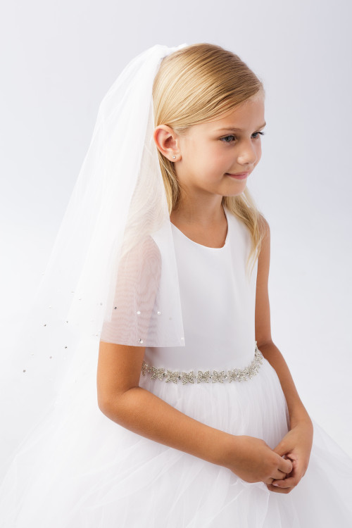 Communion Veil with Tulle Edge and Scattered Pearls