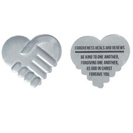 Reconciliation Forgiveness Pocket Token. Pewter pocket token measures 1 1/2". 
Back of coin script: "Forgiveness heals and renews. Be kind to one another, forgiving one another, as God in Christ forgave you. 