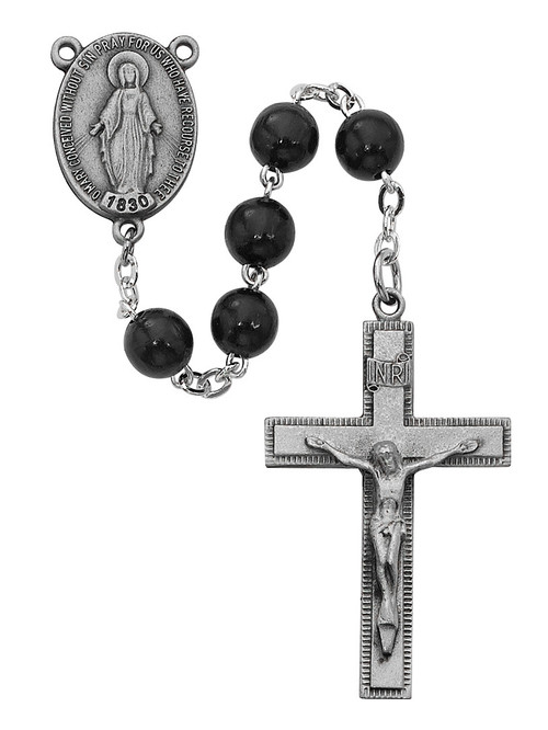7mm round Black wood bead rosary. Rosary has a pewter Miraculous Medal center and crucifix
