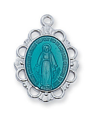 3/4" x 5/8" Miraculous Medal. Rhodium Finish Miraculous Medal with Blue Epoxy.  Medal comes on an 18" rhodium plated chain. A Gift Box Included.   