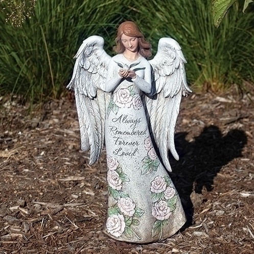 13.25"H Memorial Angel holding a Dove Statue.  STatue is made of a resin stone mix. Dimentions: 13.25"H X 7.75"W X 5.75"L