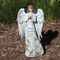 13.25"H Memorial Angel holding a Dove Statue.  STatue is made of a resin stone mix. Dimentions: 13.25"H X 7.75"W X 5.75"L