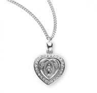  Sterling Silver Crystal Cubic Zirconia Miraculous Medal.  Oval shaped double sided medal is set inside a heart with 26 Clear Crystal cubic zirconia "CZ's".  Medal comes on an18" Genuine rhodium plated curb chain. Solid .925 sterling silver.  Dimensions: 0.8" x 0.6" (19mm x 16mm).   Weight of medal : 2.5 Grams.  Made in USA.  Deluxe velvet gift box.

 

 