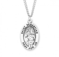 Saint Sebastian oval medal-pendant. Saint Sebastian is the Patron Saint of athletes, archers, armorers, and soldiers.  St. Sebastian medal comes on a  24" Genuine rhodium plated endless curb chain. Dimensions: 1.1" x 0.7" (27mm x 17mm)  Weight of medal: 2.8 Grams.  Deluxe velvet gift box is included. Made in USA. Can be engraved
