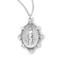 Oval Shaped Miraculous Medal Pendant. Medal has 8 Swarovski Crystals surrounding the medal in Blue, Pink or Crystal. Dimensions: 1.0" x 0.7"(26mm x 18mm). Weight of medal: 2.6 Grams. Miraculous Medal comes on an 18" Genuine rhodium plated curb chain.  Made in USA.  Deluxe velvet gift box is included. 
