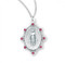 Oval Shaped Miraculous Medal Pendant. Medal has 8 Swarovski Crystals surrounding the medal in Blue, Pink or Crystal. Dimensions: 1.0" x 0.7"(26mm x 18mm). Weight of medal: 2.6 Grams. Miraculous Medal comes on an 18" Genuine rhodium plated curb chain.  Made in USA.  Deluxe velvet gift box is included. 
