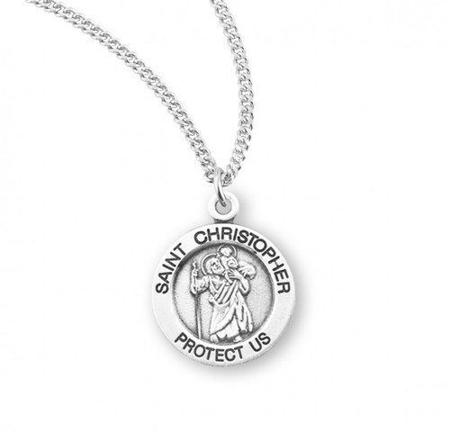 Sterling Silver Saint Christopher medal.  Sterling Silver St. Christopher medal is supplied with an 18" genuine rhodium plated endless curb chain. St Christopher Medal comes  in a deluxe gift box.  Dimensions: 0.7" x 0.6" (18mm x 15mm). Weight of medal: 1.6 Grams. Made in the USA!  