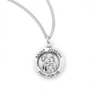 Sterling Silver Portrayal of St. Joseph holding Baby Jesus. He is the Patron Saint of Carpenters, Married Couples, Workers.  Dimensions: 0.8" x 0.6" (20mm x 16mm).  Weight of medal: 2.0 Grams. A 18" Rhodium Plated Curb Chain is Included with a Deluxe Velour Gift Box. Engraving is available at an additional price.