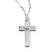 Sterling Silver Simple Cross Pendant. Solid .925 sterling silver.  Cross Pendant comes on an 18" Genuine rhodium plated curb chain.  Dimensions: 1.0" x 0.5" (25mm x 13mm). Weight of medal: 0.8 Grams. Comes in a velvet gift box. Made in the USA