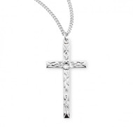 Sterling Silver Etched Cross Pendant. Solid .925 sterling silver.  Cross Pendant comes on an 18" Genuine rhodium plated curb chain.  Dimensions: 1.1" x 0.9" (28mm x 14mm). Weight of medal: 0.9 Grams. Comes in a velvet gift box. Made in the USA
