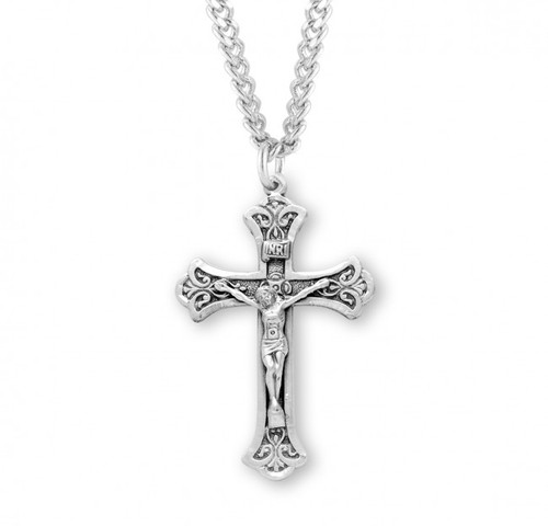 Sterling Silver Fine Flared Crucifix Pendant. Solid .925 sterling silver.  Crucifix Pendant comes on an 20" genuine rhodium plated curb chain.  Dimensions: 1.4" x 0.9" (35mm x 22mm). Weight of medal: 1.7 Grams. Comes in a velvet gift box. Made in the USA
