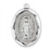 Sterling Silver Oval Shaped Double Sided Pendant with Scalloped Edges. Scalloped Miraculous Medal is .925 sterling silver with a 24" genuine rhodium plated curb chain. Deluxe velour gift box is included. Dimensions: 1.1" x 0.7" (29mm x 19mm). Weight of medal: 4.6 Grams. Made in the USA