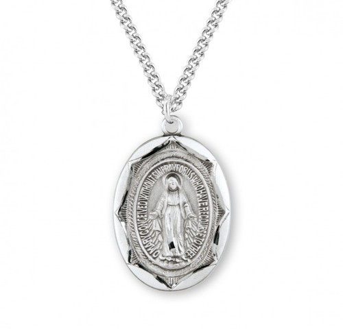 Sterling Silver Oval Shaped Double Sided Pendant with Scalloped Edges. Scalloped Miraculous Medal is .925 sterling silver with a 24" genuine rhodium plated curb chain. Deluxe velour gift box is included. Dimensions: 1.1" x 0.7" (29mm x 19mm). Weight of medal: 4.6 Grams. Made in the USA