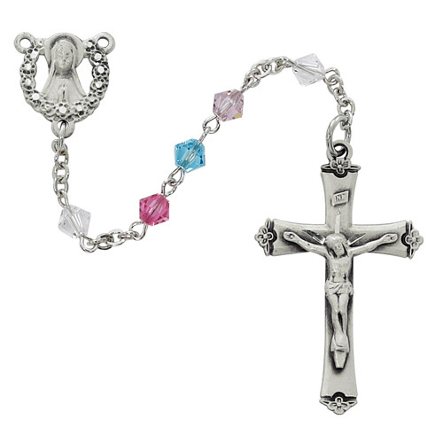 Rosary with 4mm Swarovski Austrian Crystal Multi Colored Beads and Sterling Silver Crucifix and Center 