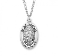 Sterling silver oval St. Gabriel medal comes on a 24" genuine rhodium plated curb chain. Dimensions: 01.1" x 0.7" (27mm x 17mm). Weight of medal: 2.8 Grams. Medal comes in a deluxe velour gift box. Engraving option available. Made in the USA