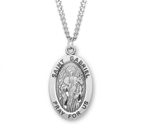 Sterling silver oval St. Gabriel medal comes on a 24" genuine rhodium plated curb chain. Dimensions: 01.1" x 0.7" (27mm x 17mm). Weight of medal: 2.8 Grams. Medal comes in a deluxe velour gift box. Engraving option available. Made in the USA