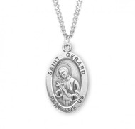 Sterling silver oval St. Gerard medal comes on a 24" genuine rhodium plated curb chain. Dimensions: 01.1" x 0.7" (27mm x 17mm). Weight of medal: 2.8 Grams. Medal comes in a deluxe velour gift box. Engraving option available. Made in the USA