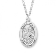 Sterling silver oval St. John the Evangelist medal comes on a 24" genuine rhodium plated curb chain. Dimensions: 01.1" x 0.7" (27mm x 17mm). Weight of medal: 2.8 Grams. Medal comes in a deluxe velour gift box. Engraving option available. Made in the USA