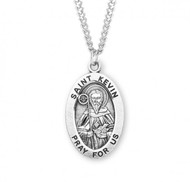 Sterling silver oval St. Kevin medal comes on a 24" genuine rhodium plated curb chain. Dimensions: 01.1" x 0.7" (27mm x 17mm). Weight of medal: 2.8 Grams. Medal comes in a deluxe velour gift box. Engraving option available. Made in the USA

 