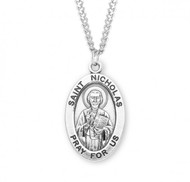 Sterling silver oval St. Nicholas medal comes on a 24" genuine rhodium plated curb chain. Dimensions: 01.1" x 0.7" (27mm x 17mm). Weight of medal: 2.8 Grams. Medal comes in a deluxe velour gift box. Engraving option available. Made in the USA

 