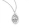 Oval Miraculous Medal in Sterling Silver. The traditional shape Miraculous Medal comes on an 18" Genuine rhodium plated endless curb chain. Dimensions: 0.8" x 0.4" (19mm x 11mm). Weight of medal: 1.8 Grams.  Medal presents in a deluxe gift box. Made in the USA.