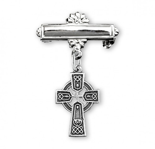 Baby Irish Celtic Cross Medal on a Bar Pin
Solid .925 sterling silver  
Dimensions: 1.0" x 0.7" (29mm x 17mm)
Weight of medal: 0.6 Grams.
Made in USA.
Deluxe velvet gift box.
