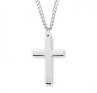 Sterling Silver Plain Cross Pendant. Solid .925 sterling silver.  Cross Pendant comes on a 24" genuine rhodium plated curb chain.  Dimensions: 1.3" x 0.8" (34mm x 20mm). Weight of medal: 1.9 Grams. Comes in a velvet gift box. Made in the USA