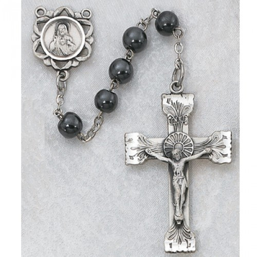 Sterling Silver 6mm Genuine Hematite Rosary.Sterling Center and Crucifix. Deluxe Gift Box Included