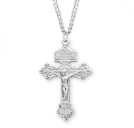 1 1/4" Sterling silver pardon crucifix with 24 inch genuine rhodium chain in a deluxe velour gift box.  Dimensions: 1.5" x 0.9" (38mm x 24mm).  Weight of medal: 2.8 Grams.  Made in USA.
Back says "Father forgive them. Behold this Heart, which has so loved Men."  Granted by Pope Pius X, the pardon crucifix is worn to obtain the pardon of God for one's neighbor and loved ones.