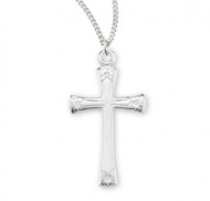 Sterling Silver Flower tipped Cross Pendant. Solid .925 sterling silver.  Flower tipped Cross Pendant comes on an 18" genuine rhodium plated curb chain.  Dimensions:  1.2" x 0.6" (30mm x 16mm). Weight of medal: 1.4 Grams. Comes in a velvet gift box. Made in the USA