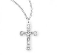 Sterling Silver Floret Tipped Crucifix Pendant. Solid .925 sterling silver.  Crucifix Pendant comes on an 20" genuine rhodium plated curb chain.  Dimensions: 1.2" x 0.7" (31mm x 18mm). Weight of medal: 1.9 Grams. Comes in a velvet gift box. Made in the USA