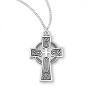 Irish Celtic cross pendant.
Solid .925 Sterling Silver or Gold Over Sterling Silver 
Depicts Celtic Knots
Dimensions: 0.9" x 0.6" (23mm x 14mm)
Weight of medal: 1.3 Grams.
18" Genuine rhodium or gold plated endless curb chain.
Made in USA.
Deluxe velvet gift box.