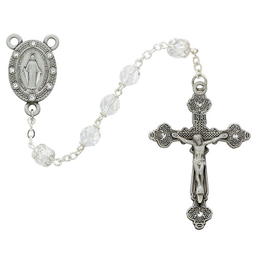 7 Millimeter Crystal Beaded Rosary. Pewter Crucifix and Center. Crystal Stones Surround the Miraculous Center. Deluxe Gift Box Included