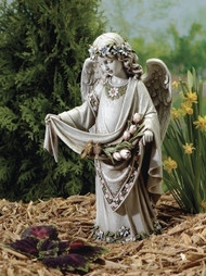 16.5" Garden statue, Angel with Two Birds on Dress. Garden Angel with Two Birds on Dress statue is made of a resin/stone mix.  Dimensions: 16.5"H 9.25"W 7"D. Weight: Approx. 6 lbs