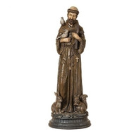 St Francis with Animals 30inH Statue. St Francis Statue with Animals stands 30"H. St Francis is holding birds and has a rabbit and squirrel at his feet. The statue weighs about 7.5 lbs. St Francis staues is made of a resin/stone mix.