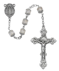 7 Millimeter Crystal Capped Rosary has a Silver Oxidized Miraculous Center and Crucifix. Deluxe Gift Box Included