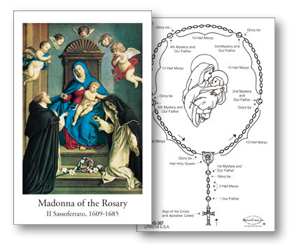 Madonna of the Rosary Holy Card
Dimensions: 2 3/4" x 4 1/4"
Sold individually or 100 per box
How to Prayer the Rosary Instructions preprinted on back 