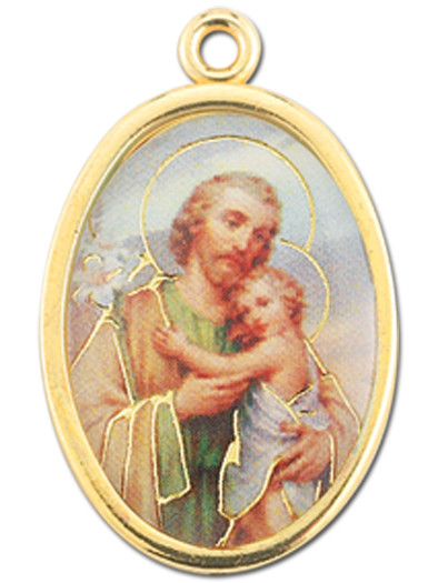 7/8" Enameled Oval ST Joseph with Child Picture Medal with Gold Highlights. 