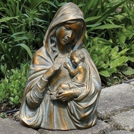 14.25" Bronze Madonna and Child Garden Statue. Dimensions:  14.25"H x 7.6"W x 9.2"L. Made of  a resin/stone mix material, this bronze figure of the Madonna and child will be a  beautiful addition to any garden! 