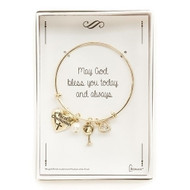 Gold Communion Bracelet measures 2.25"D. The bracelet has a First Holy Communion Heart charm, a Chalice charm, a white pearl and a smaller heart charm. This bracelet will be a perfect addition to any communion dress!