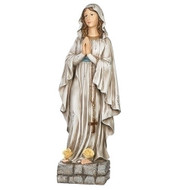 Our Lady of Lourdes 32"H Antique Figure. Our Lady of Lourdes statue is depicted with praying hands and a rose on each foot and appears to be standing on stone. Our Lady is made of a resin/stone mix. Weight is approcimately 10 lbs.