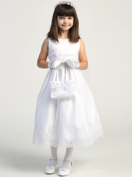 This Corded Tulle Communion Dress is embroidered and sequined. A large organza bow is on the back with zipper closure. Dress is tea-length. Made in the USA. Accessories sold separately. **30 Day Return Policy Internet ONLY!  **3 Dress Limit per order!