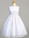 This Corded Tulle Communion Dress is embroidered and sequined. A large organza bow is on the back with zipper closure. Dress is tea-length. Regular and half sizes available. Made in the USA. Accessories sold separately.  **3 Dress Limit per order!