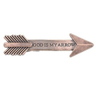 God is My Arrow Virsor Clip. The God is My Arrow Visor Clip is made of a zinc alloy-lead free material.  The Visor Clip measures 1"H and 3.5"L. 
