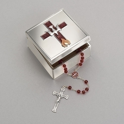 2.25"H Confirmation Keepsake Box. This confirmation box has a brown enameled cross on the top of the lid. The cross is adorned with a silver dove and flame icons at the bottom of the cross.  Made of a zinc alloy that is lead free. 