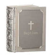 3.5" Baptism Bible Keepsake from the Caroline Collection. Baptism Bible Keepsake Box can hold a rosary or a baby bar pin for keepsakes. Box is made of a zinc alloy-lead free.
